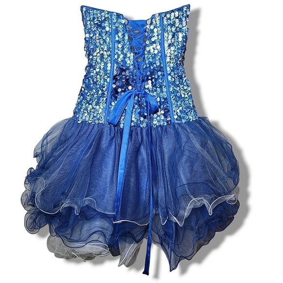 Samila Blue Sequin Embroidered Sweetheart Corseted Layered Tull Homecoming Dress - Picture 6 of 10